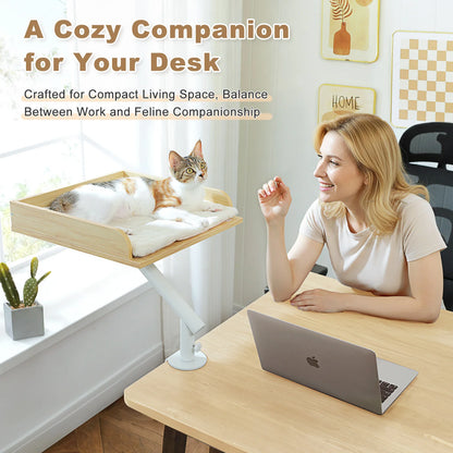 Desk cat bed attachment with soft cushion for cats resting near workspace